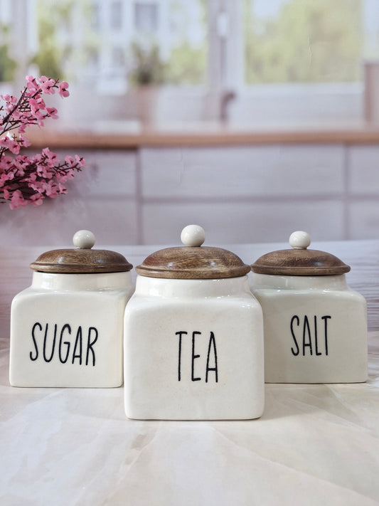 Ivory Square Solid  Tea ,Sugar, Salt,Ceramic Canisters 500 ml