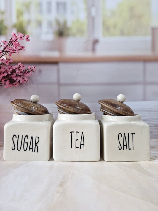 Ivory Square Solid  Tea ,Sugar, Salt,Ceramic Canisters 500 ml