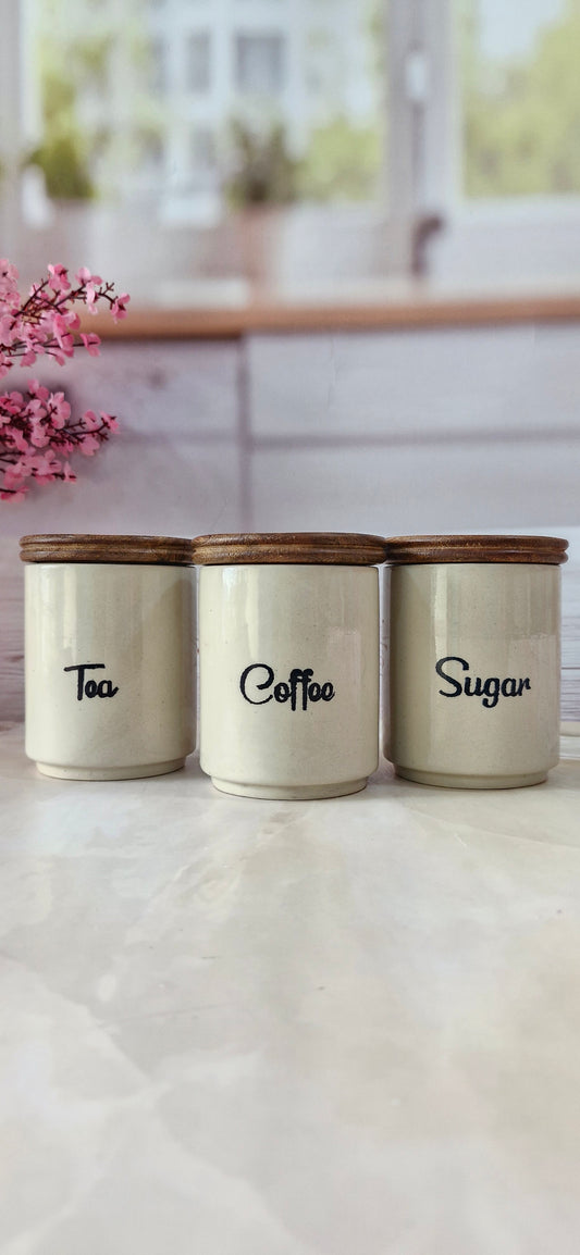 Coffee & Cozy Morning ceramic airtight Tea, coffee, and sugar, jars wooden lid