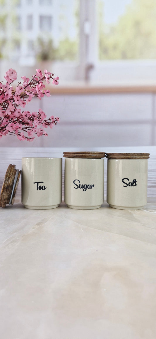 Ivory & Sweet Morning ceramic airtight Tea, sugar, and salt, jars wooden lid