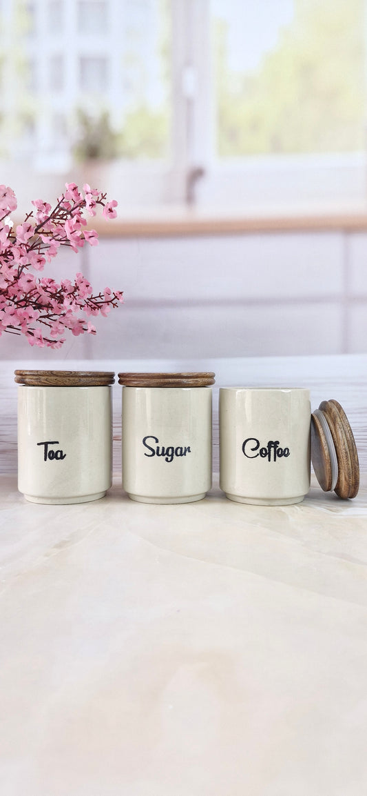 Coffee & Cozy Morning ceramic airtight Tea, coffee, and sugar, jars wooden lid