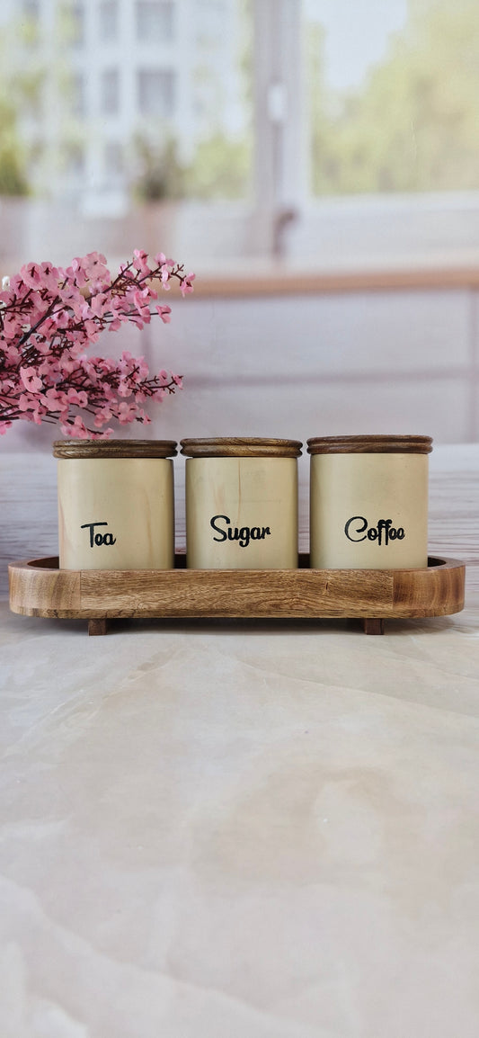 Sweet Kitchen ceramic airtight Chocolaty Tea, coffee, and sugar, jars wooden lid