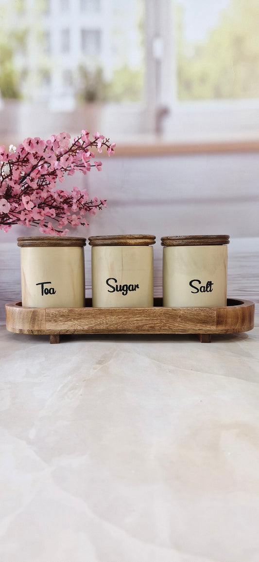 The Tea Party ceramic airtight Chocolaty Tea, sugar, and salt, jars wooden lid