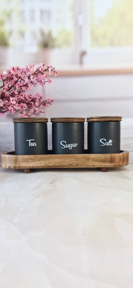 Dreamy Morning ceramic Black airtight Tea, sugar, and salt, jars wooden lid