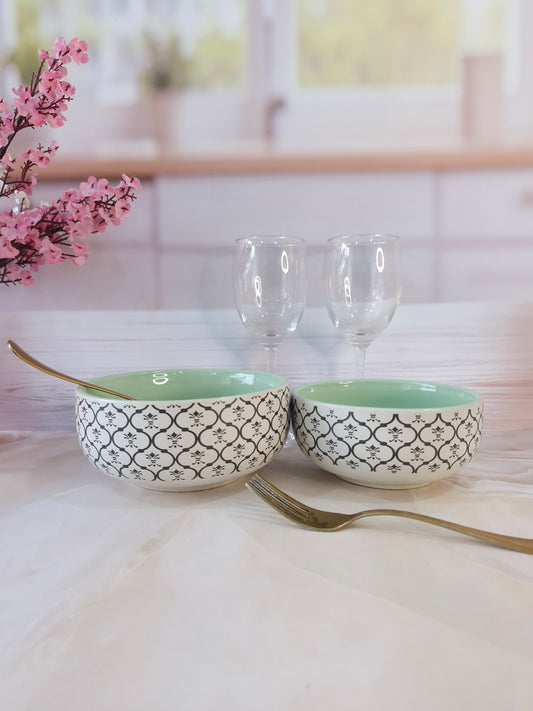 Dreamy Beauty Delight Green Handpainted Ceramic Serving Dining Bowls