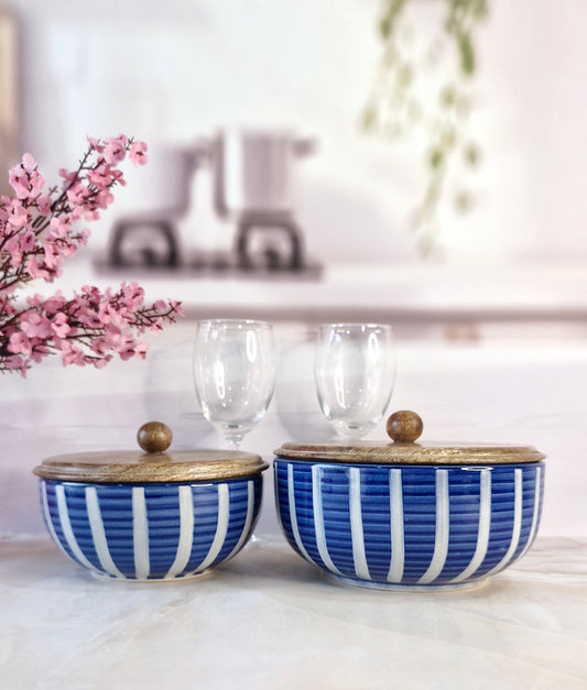 Handpainted Ceramic Blue Round Strips Serving Bowls with Lid