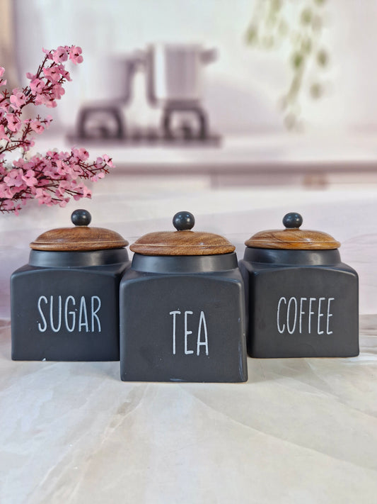 Black Coffee, Tea, and Me Solid Ceramic Square Airtight Canisters 500ml