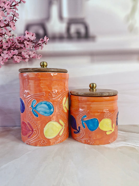 Heart of the Home Artisan Colorful Handcrafted Designs 1kg and (1/2 kg) Ceramic airtight jar Spices & Cookies