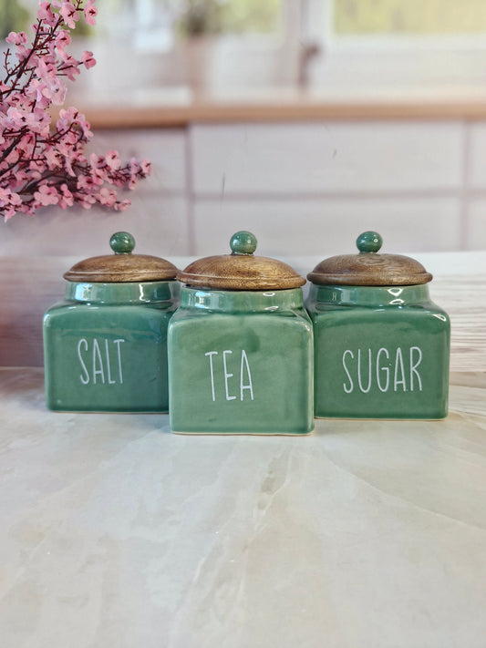 Green Square Solid Ceremic Tea , Sugar, Salt,  Canisters 500ml