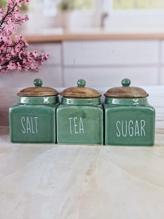 Green Square Solid Ceramic Tea , Sugar, Salt,  Canisters 500ml