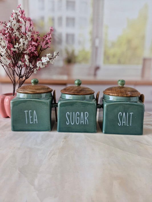 Green Square Ceramic Airtight Tea Sugar Salt Canisters with spoon 500ml