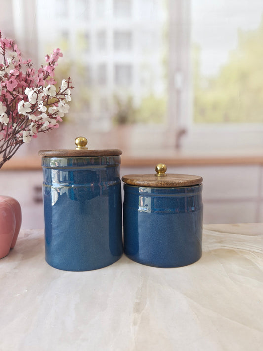 Blue Diamond Artisan Ceramic Canisters with Wood Lids 1kg and (1/2 kg)  airtight jar Spices & Cookies