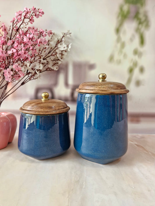 Blue Diamond Artisan Ceramic Canisters with Wood Lids 1kg and (1/2 kg)  airtight jar Spices & Cookies