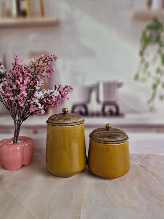 Honey Goldenrod Ceramic Canister Jar with Wooden Lid 1kg and (1/2 kg)  airtight jar Spices & Cookies For Spices & Cookies