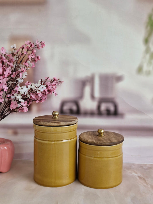 Honey Goldenrod Ceramic Canisters with Wood Lids 1kg and (1/2 kg) Airtight Jar Cookies & Spices