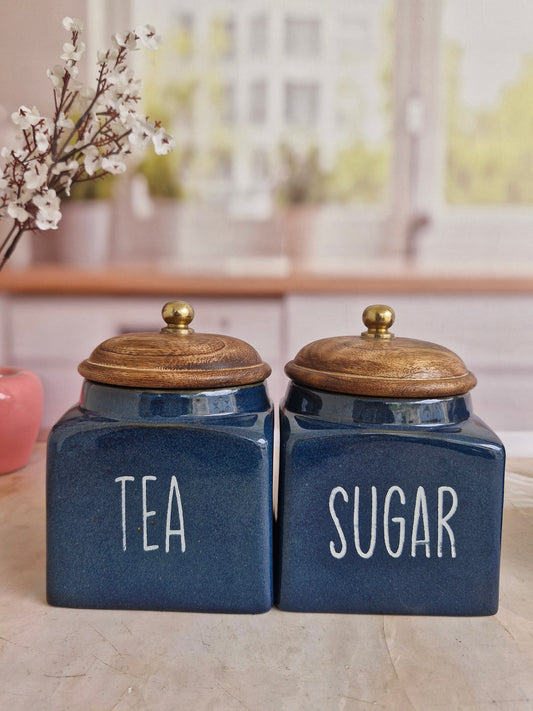 Deep Blue Square designs Tea ,Sugar, Salt airtight container 500ml Without Spoon