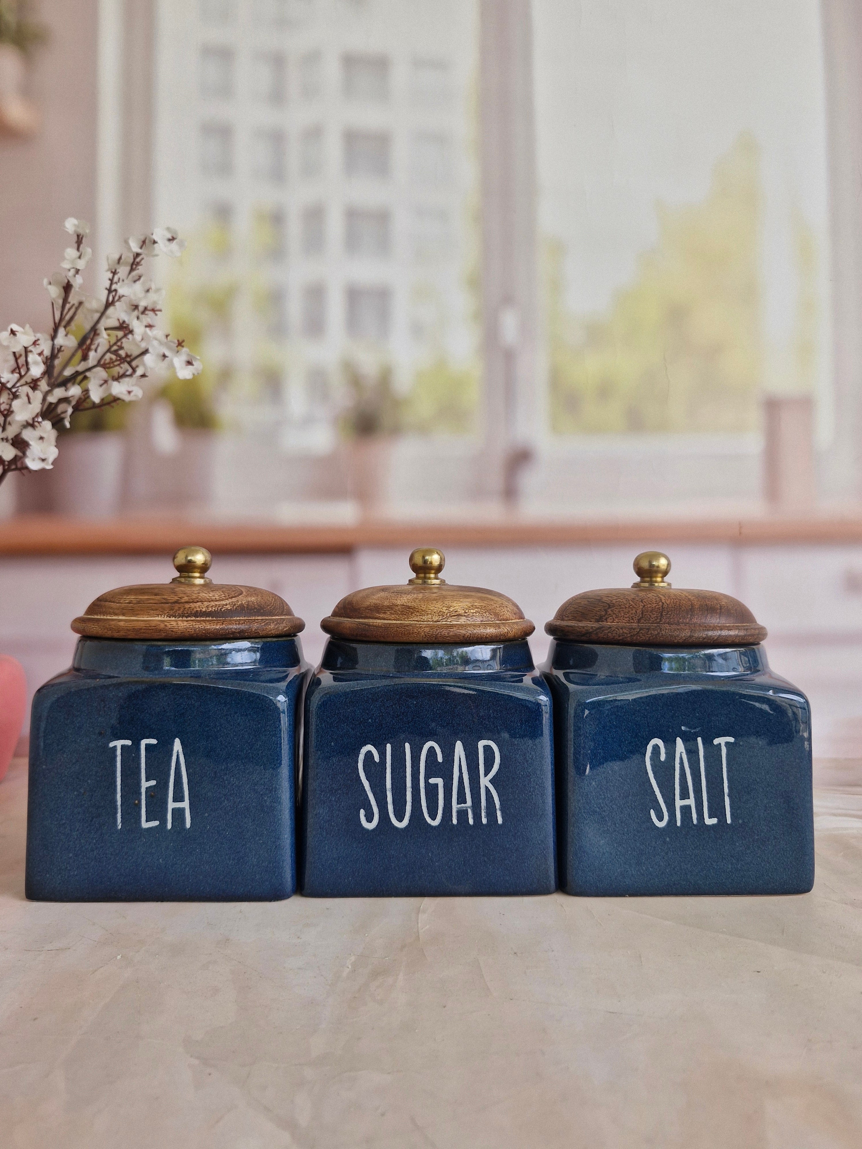 Deep Blue Square designs Tea ,Sugar, Salt airtight container 500ml Wit ...
