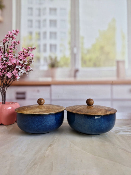 Rustic Blue Ceramic Serving Dinning Bowls with Wooden Lid