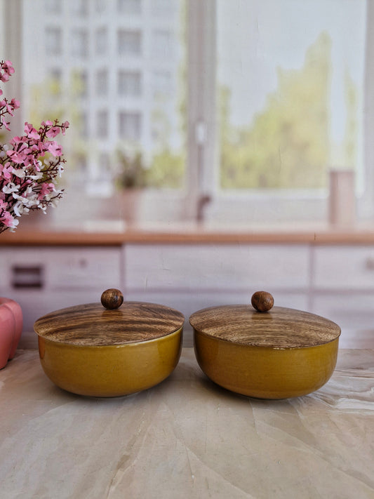 Golden Yellow Serving Bowls with Natural Wooden Lids