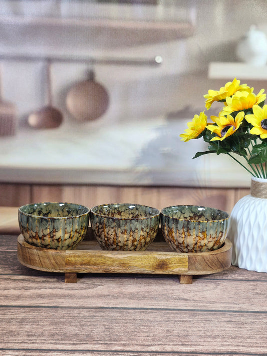 Artisan Speckled Glaze Serving Bowl Set with wooden tray
