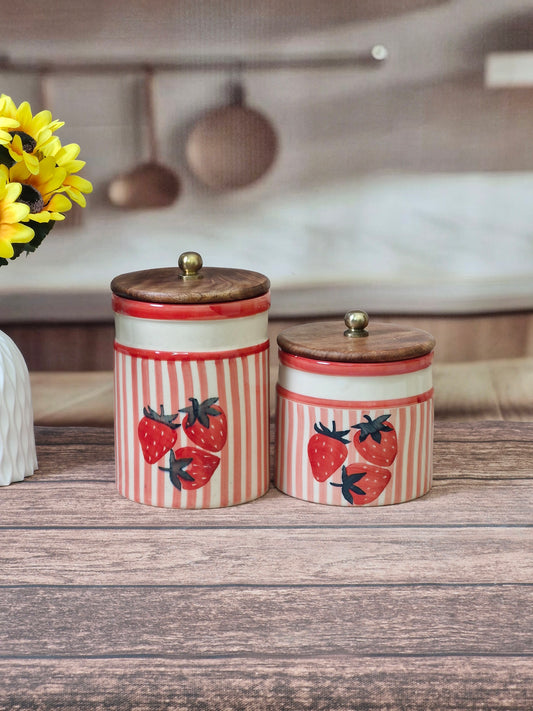 Strawberry Hand-Painted Kitchen Canisters Storage Jars (Set of 2)