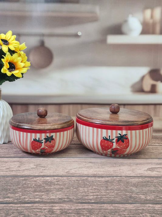Strawberry Stripe Hand-Painted Ceramic Bowl