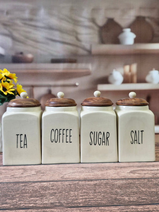 Classic Kitchen Ceramic Canister  (Tea, Coffee, Sugar, Salt) 1kg Set with Wooden Lids