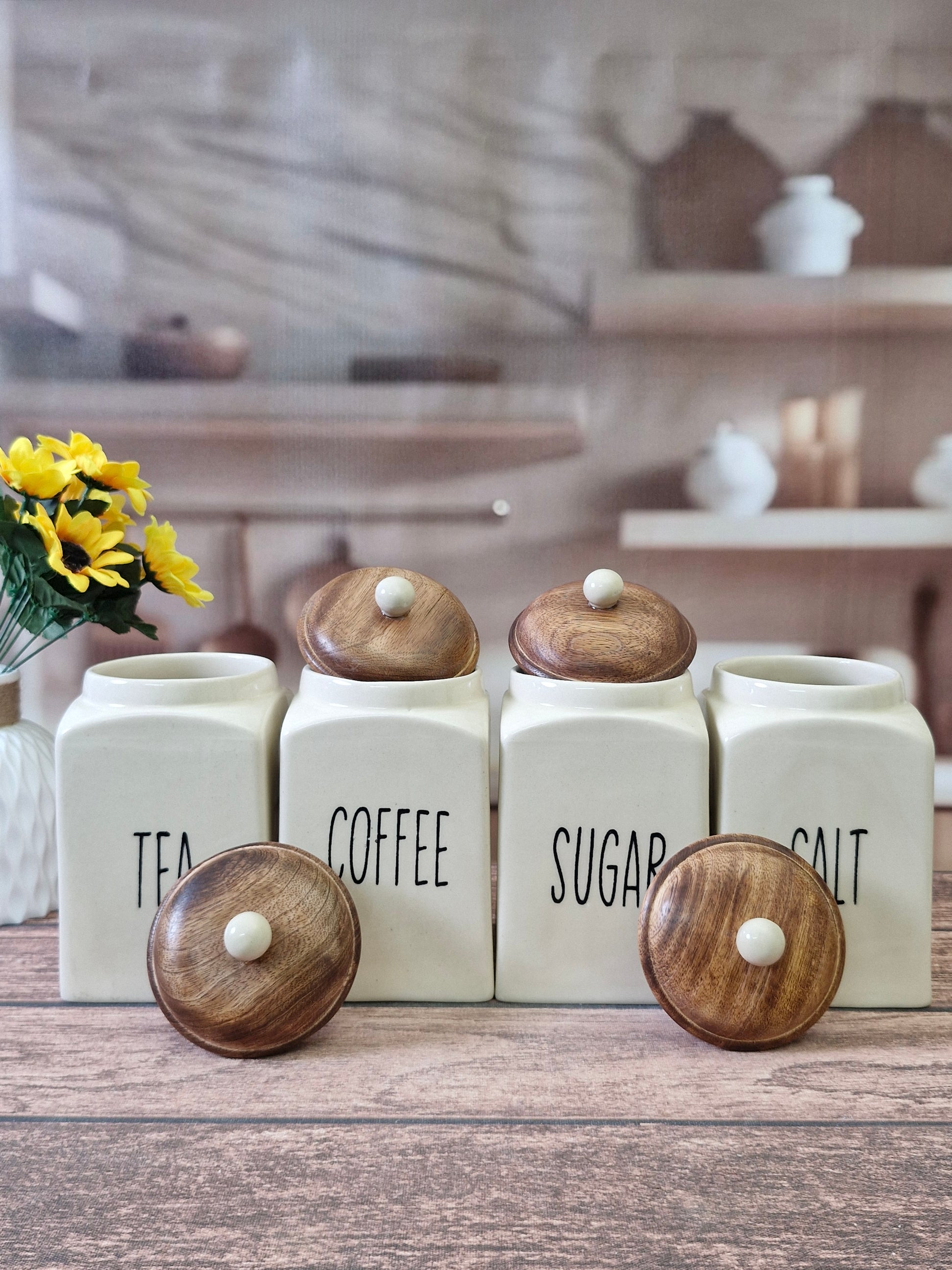 Classic Kitchen Ceramic Canister (Tea, Coffee, Sugar, Salt) 1kg Set with Wooden Lids