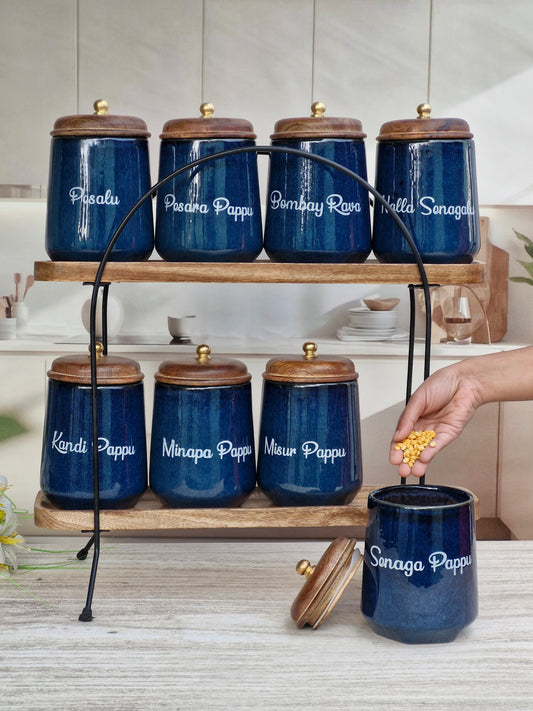 Royal Artisanal Blue Ceramic Kitchen Organizer Jars - TELUGU
