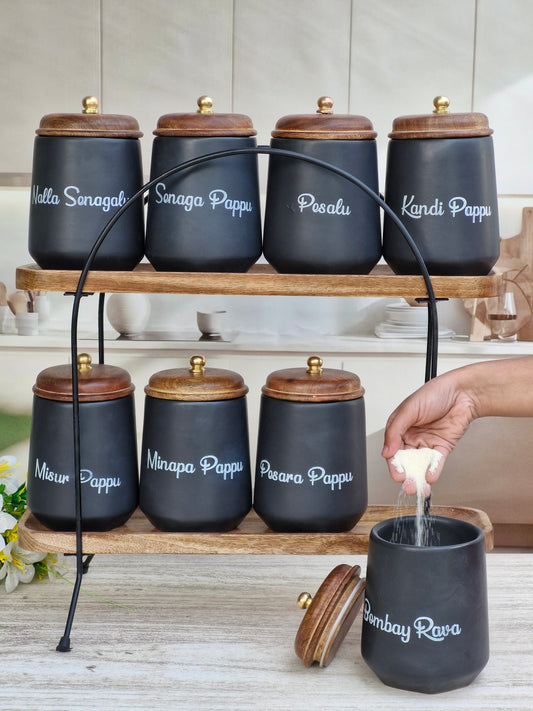 Flavor Spice Family Fusion Dal Delight Airtight Ceramic Container with wooden Lid- TELUGU