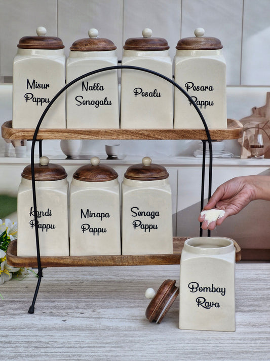 The Modern Indian Dal Delight Airtight Ceramic Container with wooden Lid - Telugu
