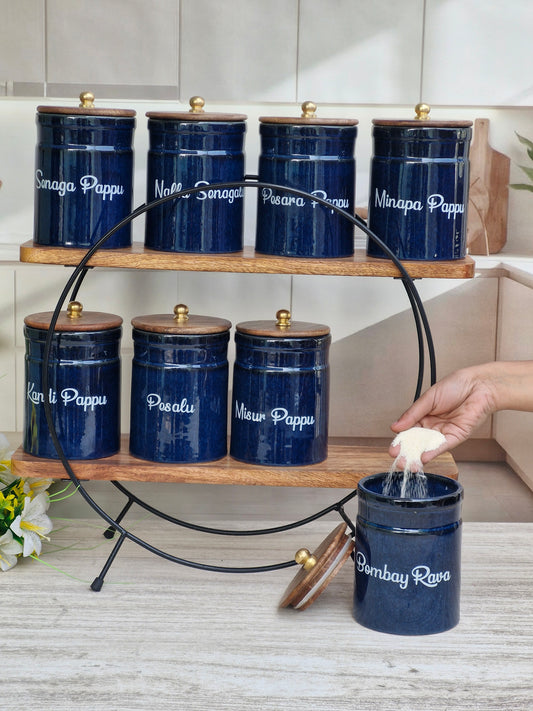 Royal Artisanal Blue Ceramic Kitchen Organizer Pipe Jars - TELUGU