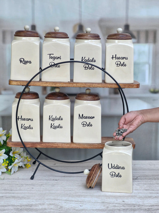 The Modern Indian Dal Delight Airtight Ceramic (1.5 kg) Container with wooden Lid - Kannada