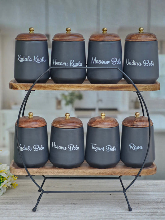 Flavor Spice Family Fusion Dal Delight Airtight Ceramic(1kg) Container with wooden Lid- Kannada