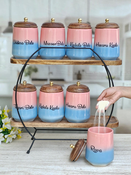 Blush & Blue Indian Airtight Jars Kitchen Display Essential Ceramic Canister (1kg) Set- Kannada