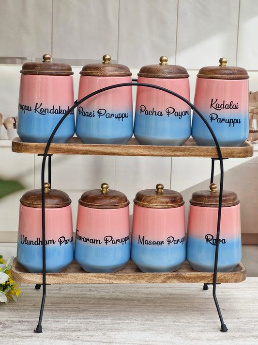 Blush & Blue Indian Airtight Jars Kitchen Display Essential Ceramic (1kg) Canister Set- Tamil
