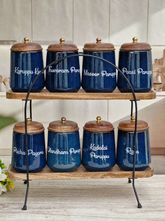 Royal Artisanal Blue Airtight Ceramic Kitchen Organizer Ceramic (1kg) Jars - Tamil