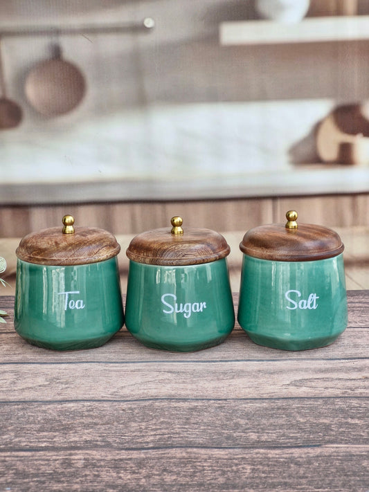 Green Tapper Solid Ceramic Tea , Sugar, Salt,  Canisters 500ml