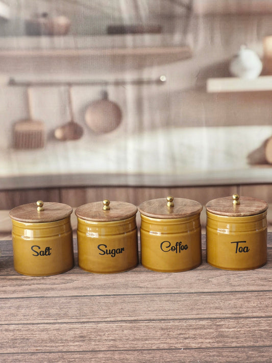 The Marigold Mustard Yellow Ring Pipe Ceramic Coffee, Tea, Sugar & Salt Canister Set