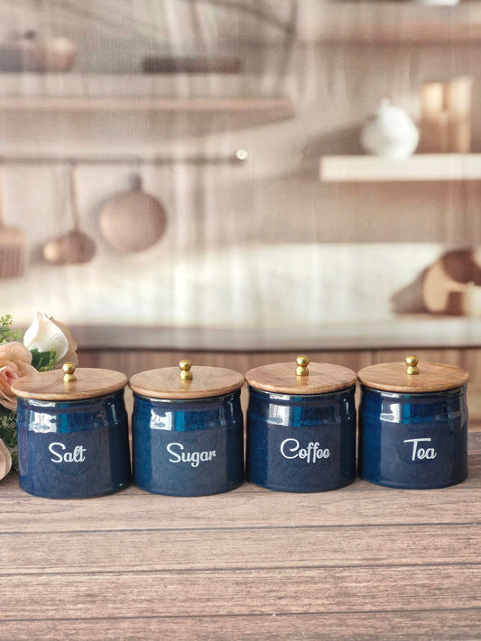 The Glossy Midnight Blue Ring Pipe Storage Tea, Coffee, Sugar, Salt Ceramic Jar Set