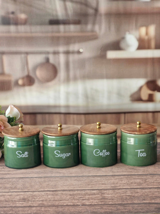 The Forest Green Ceramic Coffee, Tea, Sugar & Salt Canister Set