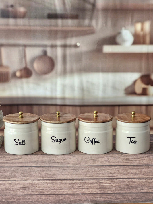Ivory Rustic Charm Ring Pipe Storage Tea, Coffee, Sugar, Salt Ceramic Canister Set