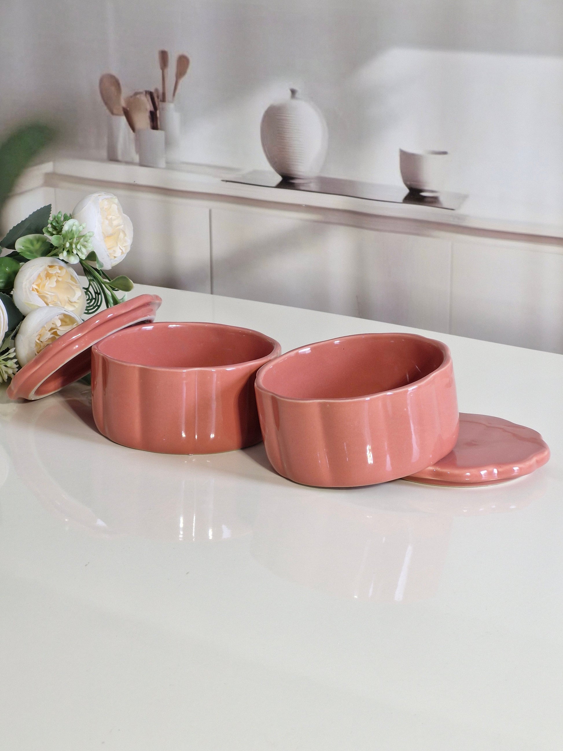 Ceramic snack bowl open showing interior - terracotta rose
