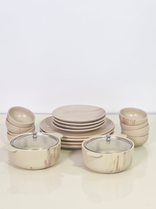 Brew Blossom Sweetness Hosting Dinner Set -Serving Platters, Serving Bowls with Glass Lids & Dessert Bowls for 4 People