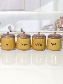 The Harvest Gold Ceramic Tea, Coffee, Sugar, and Salt Storage Canisters with Wooden Lids