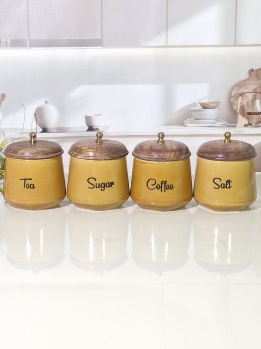 The Harvest Gold Ceramic Tea, Coffee, Sugar, and Salt Storage Canisters with Wooden Lids