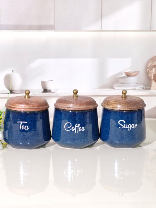 The Rustic Blue Ceramic Tea, Coffee, Sugar, and Salt Storage Canisters with Wooden Lids