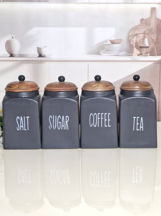 The Modern Black  Kitchen Ceramic Canister (Tea, Coffee, Sugar, Salt) 1kg Set with Wooden Lids