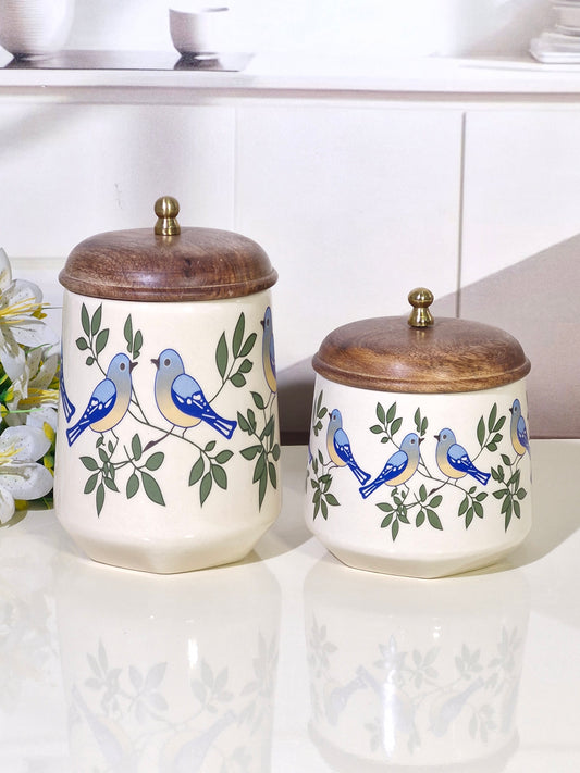 Bluebird Hand-Painted Ceramic Storage Jars (Set of 2) with Wooden Lids