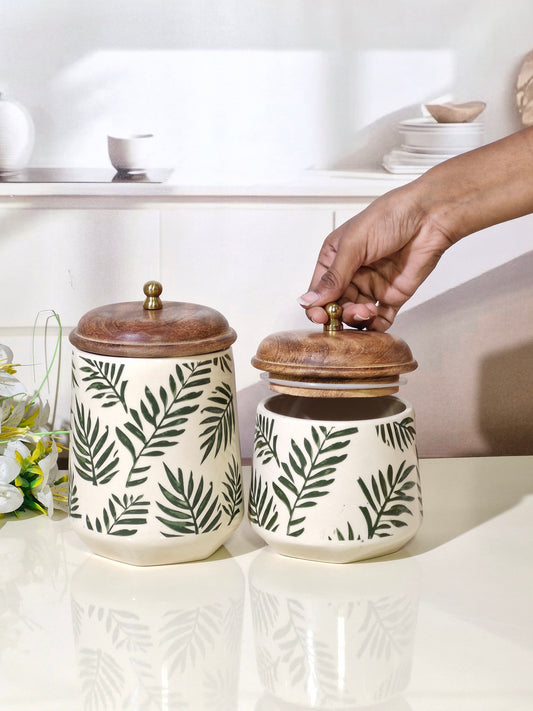 Willow Leaf-Patterned Hand-Painted Ceramic Storage Jars (Set of 2) with Wooden Lids